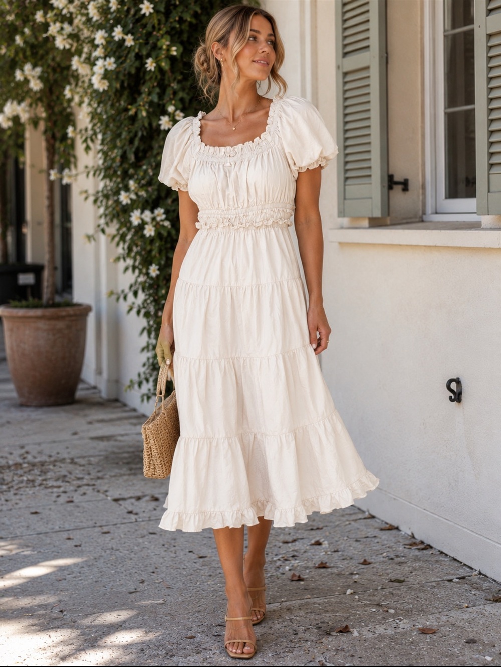 Anthropologie Moon River Ivory Smocked Puff Sleeve Cotton Midi Dress XS